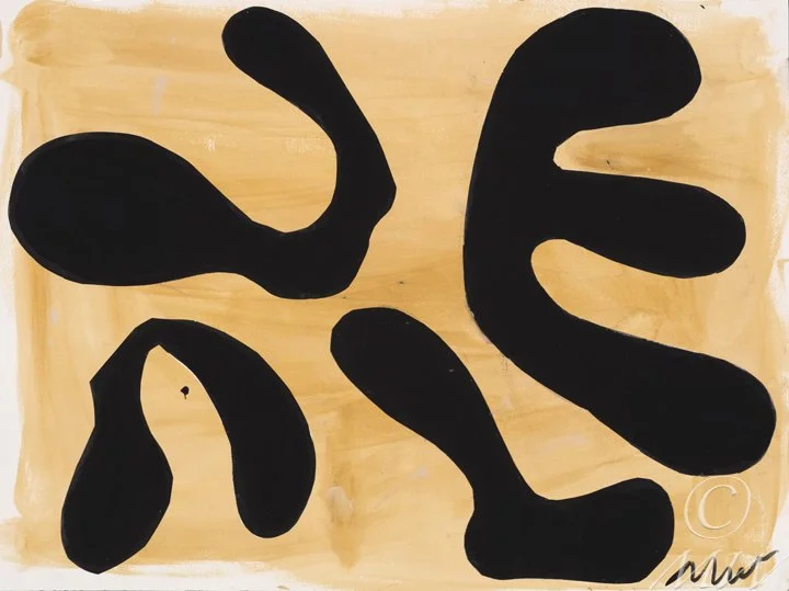 Abstract modern art with black organic shapes on a beige background.