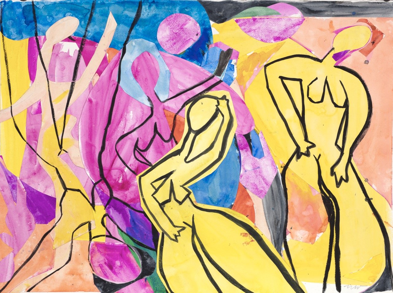 Bright abstract artwork featuring colorful shapes and black outline sketches of human figures, with hues of pink, yellow, blue, purple, and orange.