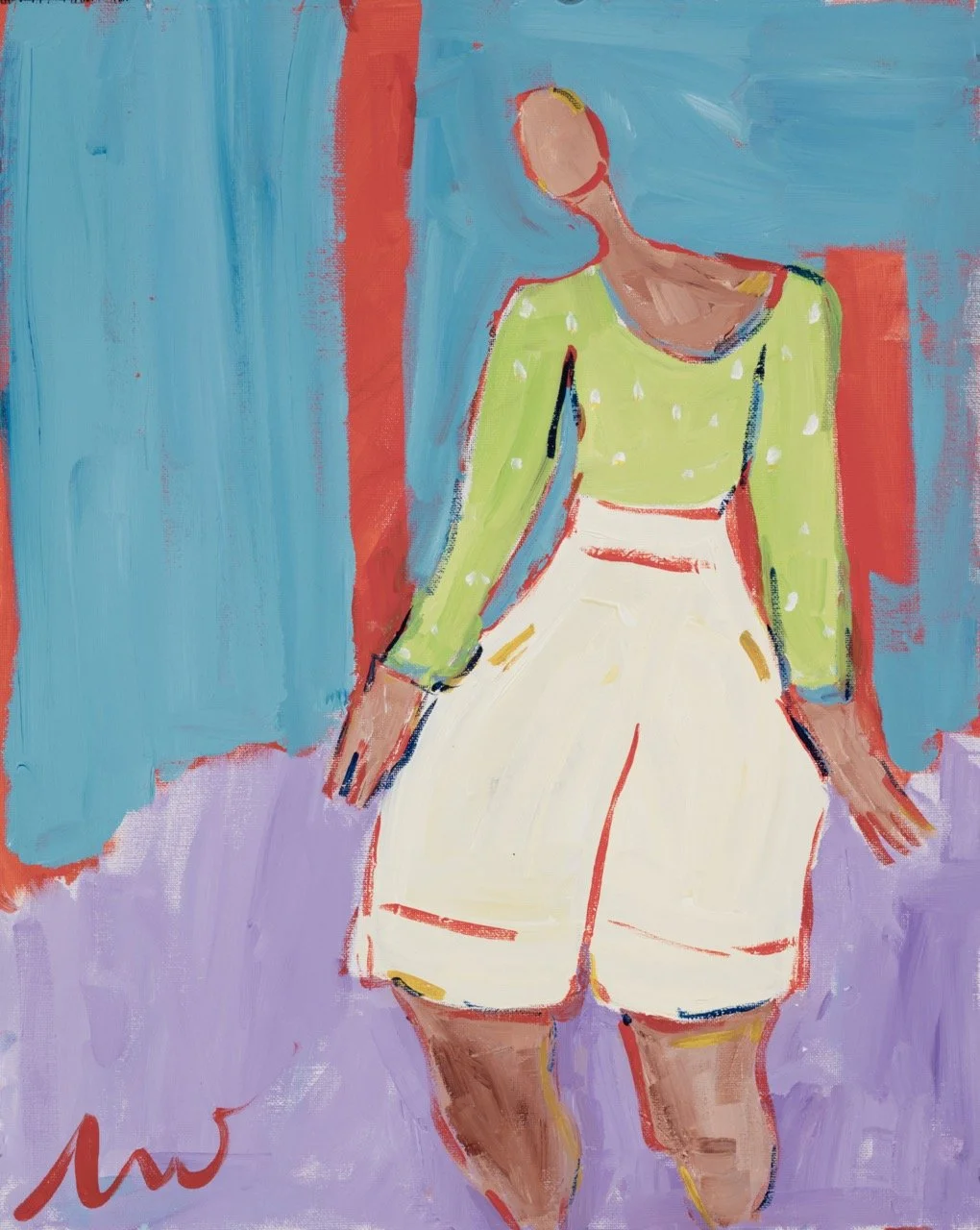 Abstract painting of a woman with no facial features, wearing a lime green top with white polka dots and white high-waisted shorts, standing against a colorful background of blue, purple, red, and orange.