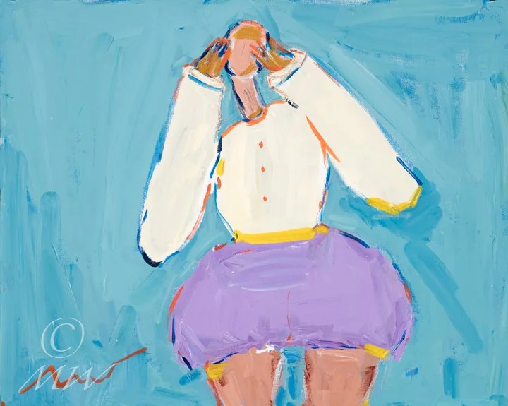 A colorful painting of a woman with blonde hair, wearing a white long-sleeve shirt and purple shorts, sitting against a blue background.