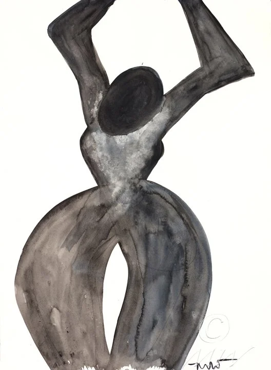Watercolor painting of a person with arms raised above their head, viewed from the back, in black, gray, and white tones.