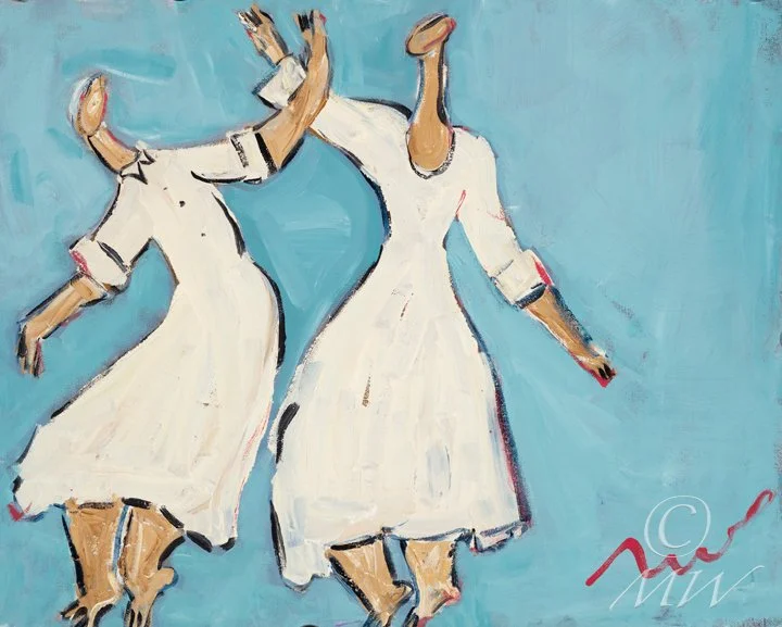 Painting of two women dancing, wearing white dresses and headscarves, with a blue background.