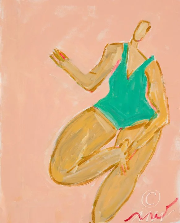 Abstract painting of a woman in a teal swimsuit with no head and simplified limbs, posing against a pink background.