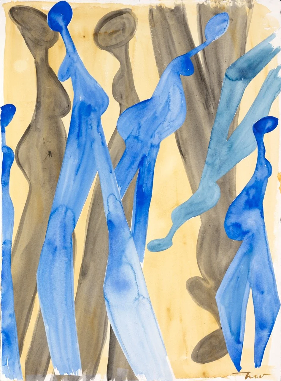 Abstract painting of elongated human-like figures in blue and brown shades on a yellow background.