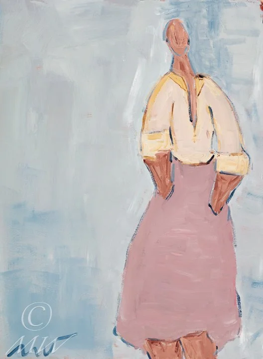 Abstract painting of a woman with hands in pockets, wearing a beige top and pink skirt, with a light blue background.