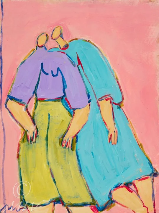 Two abstract figures drawn with bold outlines and bright colors, standing close together against a pink background. One wears a lavender top and yellow pants, the other wears a blue dress.