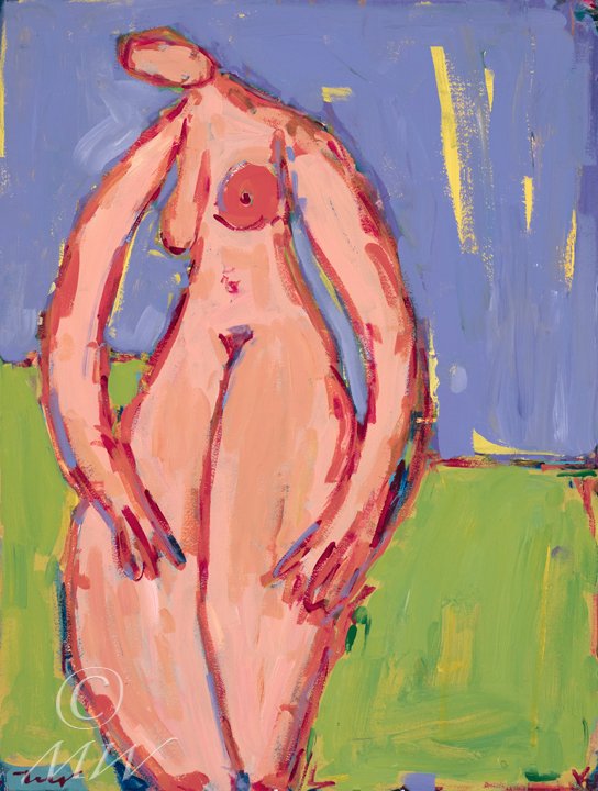 An abstract painting of a nude female figure standing on a grassy field with a blue sky background.
