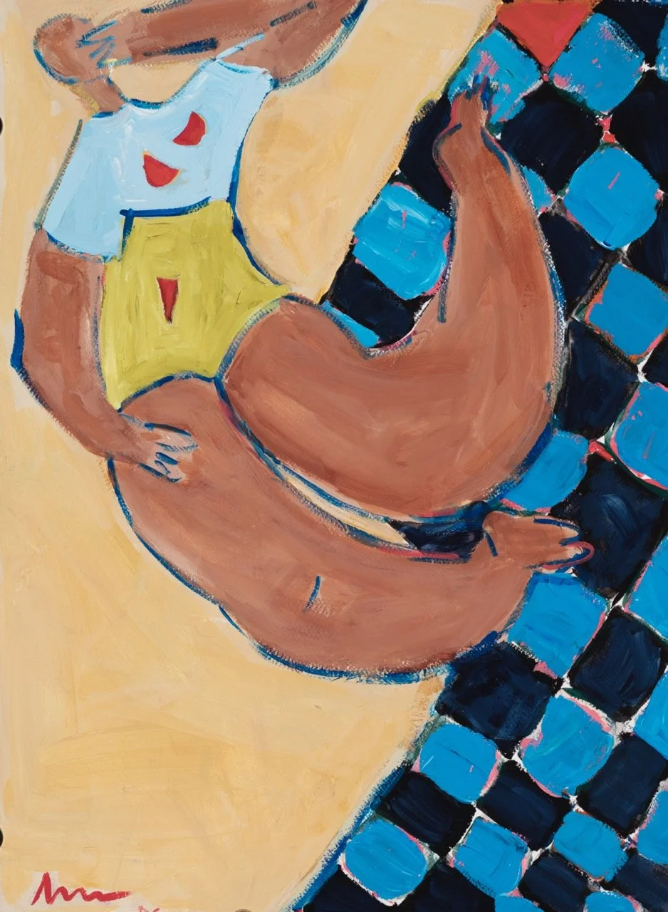 Abstract painting of two figures, one with a yellow shorts and a white shirt, the other with a checkered shirt. The figures are stylized with bold brushstrokes and vibrant colors.