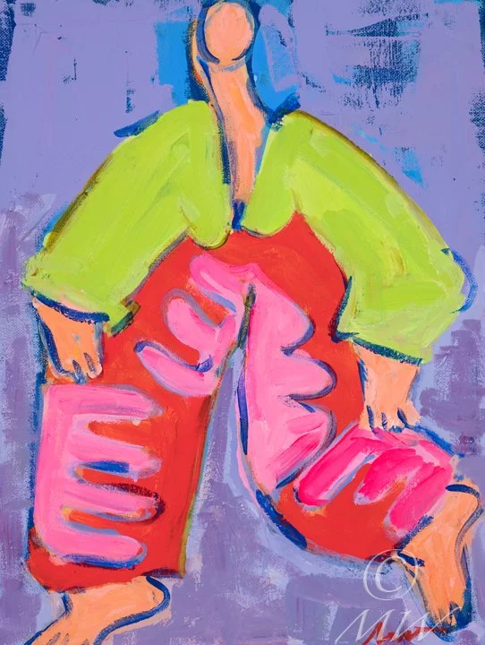 Abstract colorful painting of a person with a faceless head, green shirt, and pink and red pants, standing with arms slightly out.