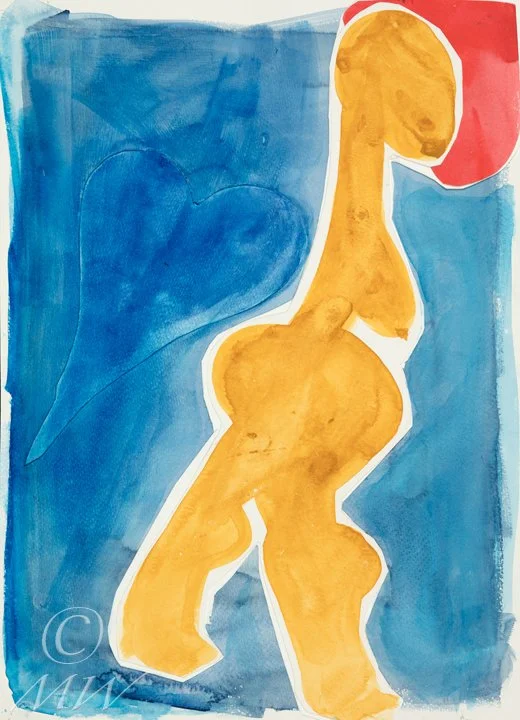 Abstract painting of a human figure with an orange body and a red and white head, set against a blue background.