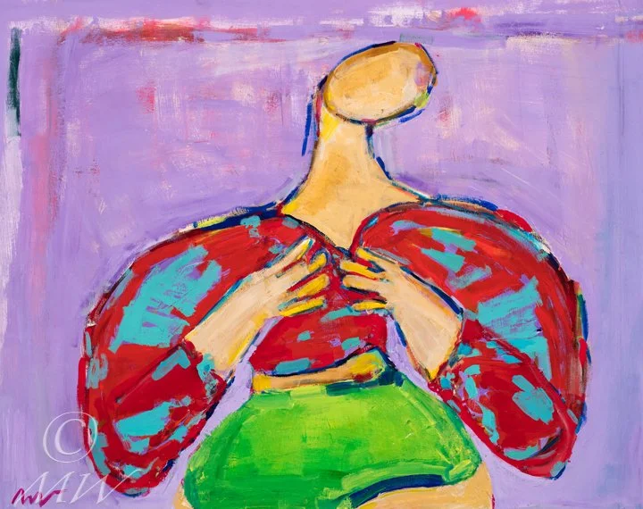Abstract painting of a woman with exaggerated features, wearing a green top and red and blue patterned sleeves, against a lavender background.