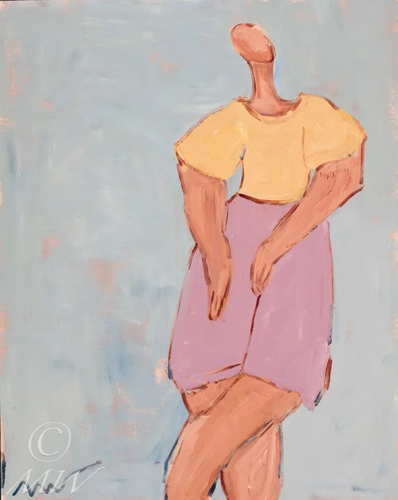 Abstract painting of a faceless woman with no detailed facial features, wearing a yellow top and a lilac skirt, standing against a light blue background.