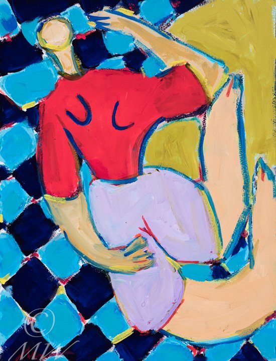Abstract painting of a figure with a red top, white pants, and a hat, lying on a checkered blue and black floor.
