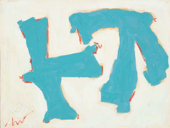 Abstract painting featuring large blue shapes with red edges on a light background.