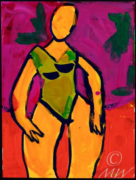 Abstract painting of a faceless female figure with a yellow face and green dress, standing against a vibrant pink and purple background with green palm tree shapes.