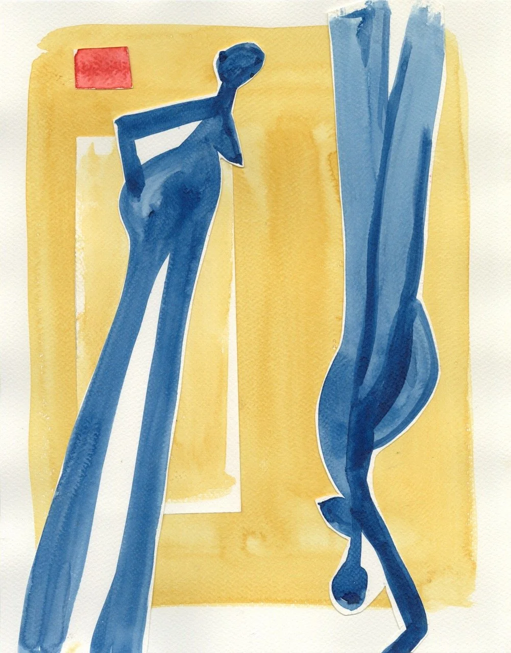 Watercolor painting of two abstract blue human figures, one standing with hands on hips and the other turned away, against a yellow background with a small red square in the top left corner.