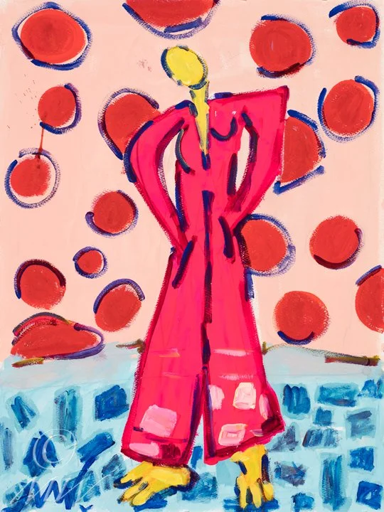 A colorful abstract painting of a tall figure in a pink dress, with a yellow head and feet, standing on a blue ground. Red circles float in a pink background with blue accents.