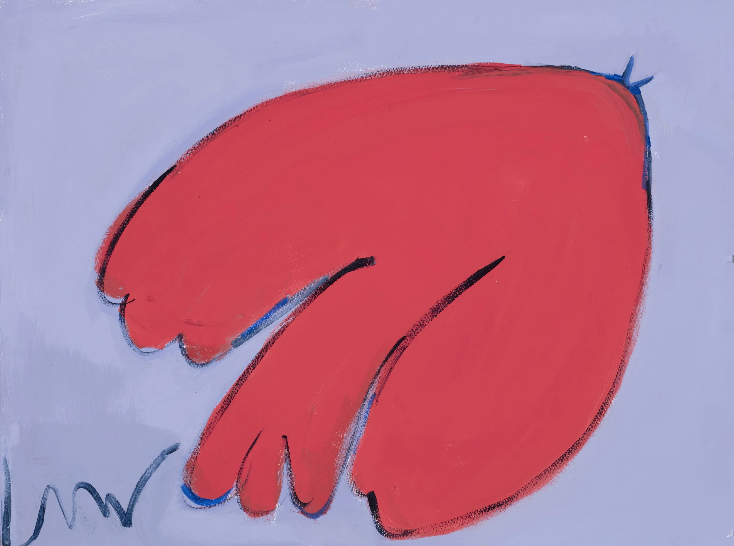 A colorful, abstract painting of a red hand with black outlines on a light blue background.