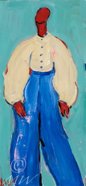 Abstract painting of a person with a red head, wearing a cream-colored jacket and blue pants, set against a teal background.