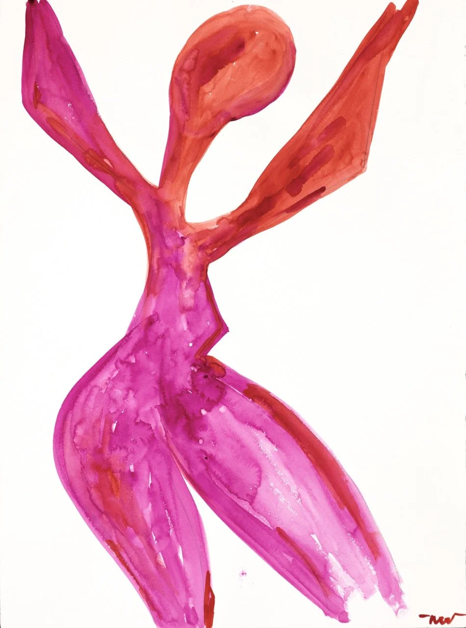 Abstract watercolor painting of a pink and orange stylized plant or flower on white background.