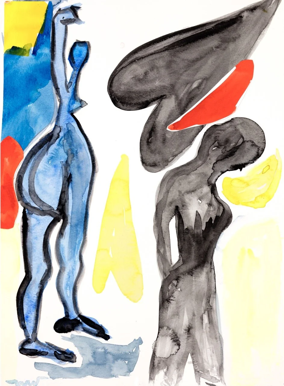Abstract watercolor painting featuring stylized human figures and shapes in blue, black, red, and yellow, with loose brushstrokes and minimal detail.