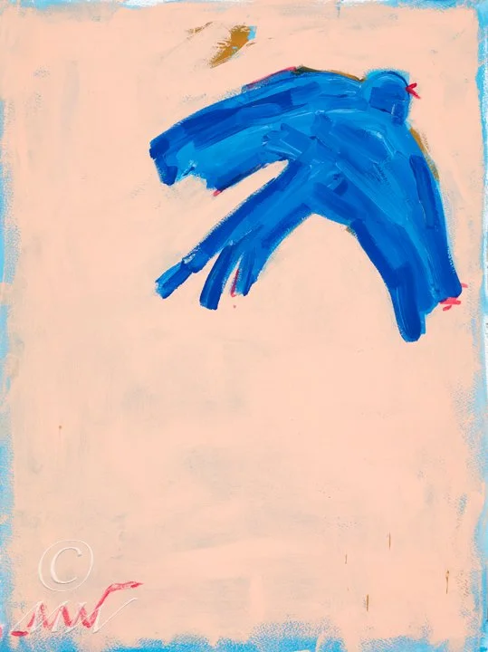 Abstract painting with a large blue brushstroke on a pale pink background, accented with small details in red and tan.