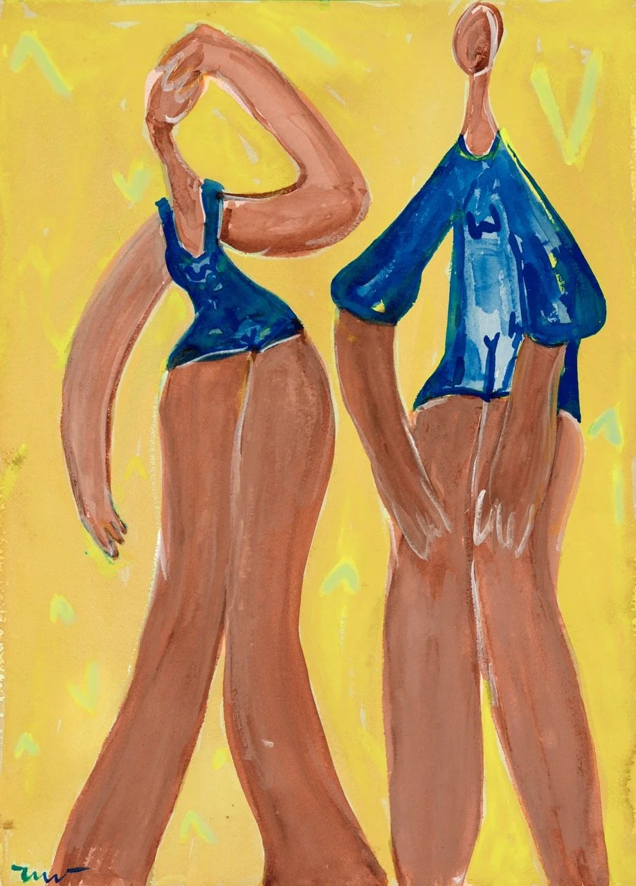 An abstract painting of two people with exaggerated elongated limbs and minimal facial features, standing together against a yellow background. One person is wearing a blue top and the other a blue shirt.