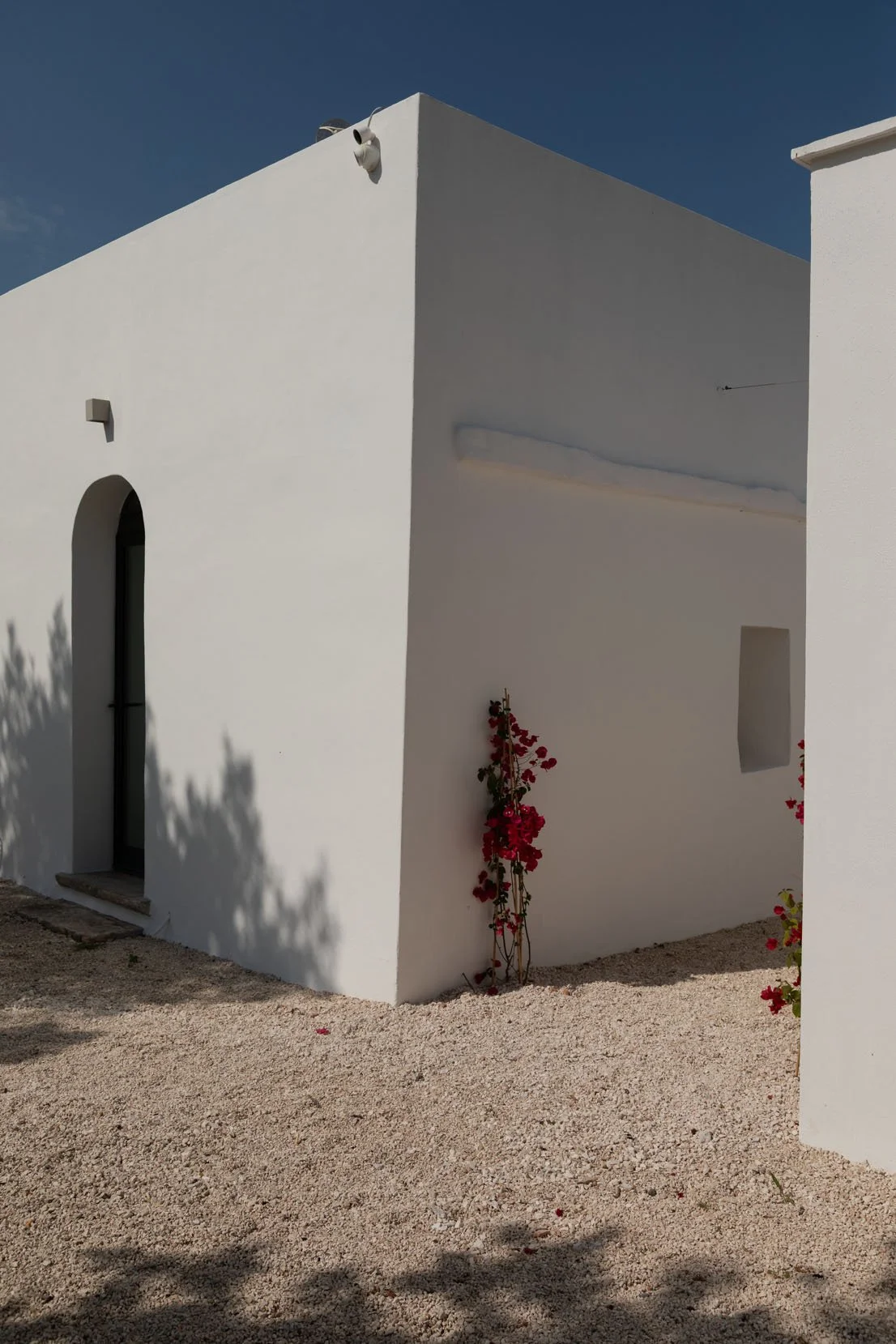 White modern building with a curved arch doorway, small window, and red flowering plants outside, set against a clear blue sky.