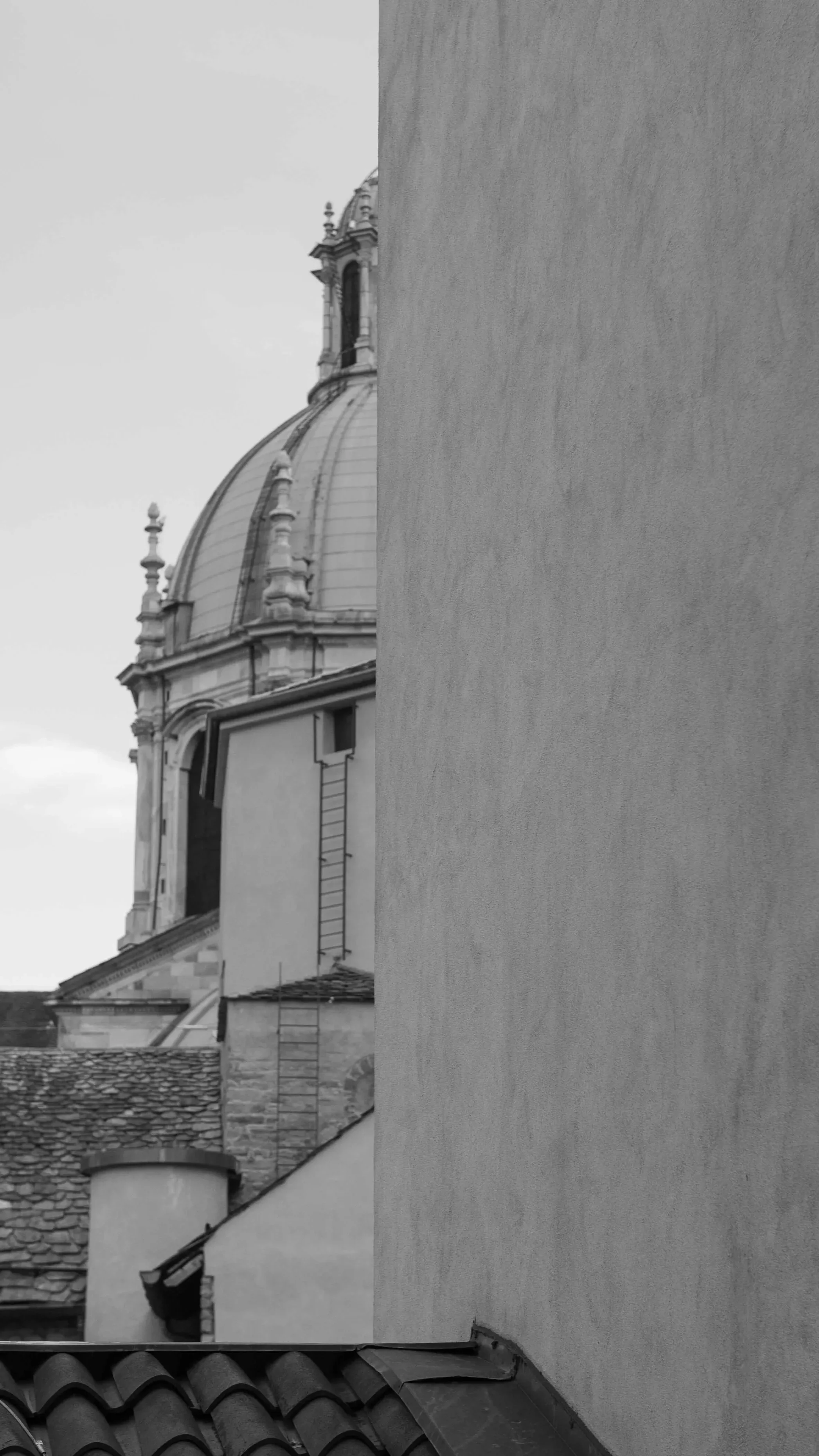 Black and white photo of a cityscape showing a prominent dome of a historic building, a rooftop with tiles, and a plain wall in the foreground.