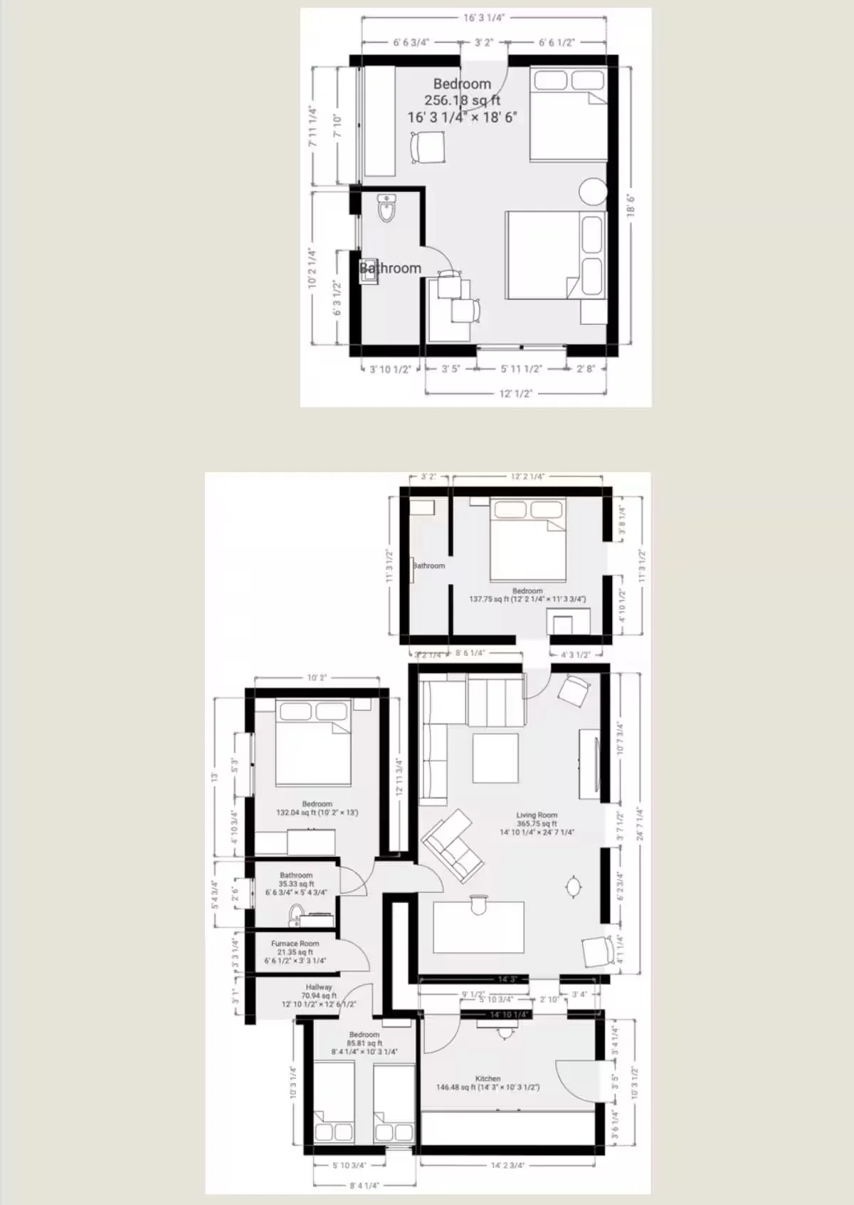 Two detailed black and white house floor plans with dimensions and room labels, including bedrooms, bathrooms, living room, kitchen, and utility rooms.