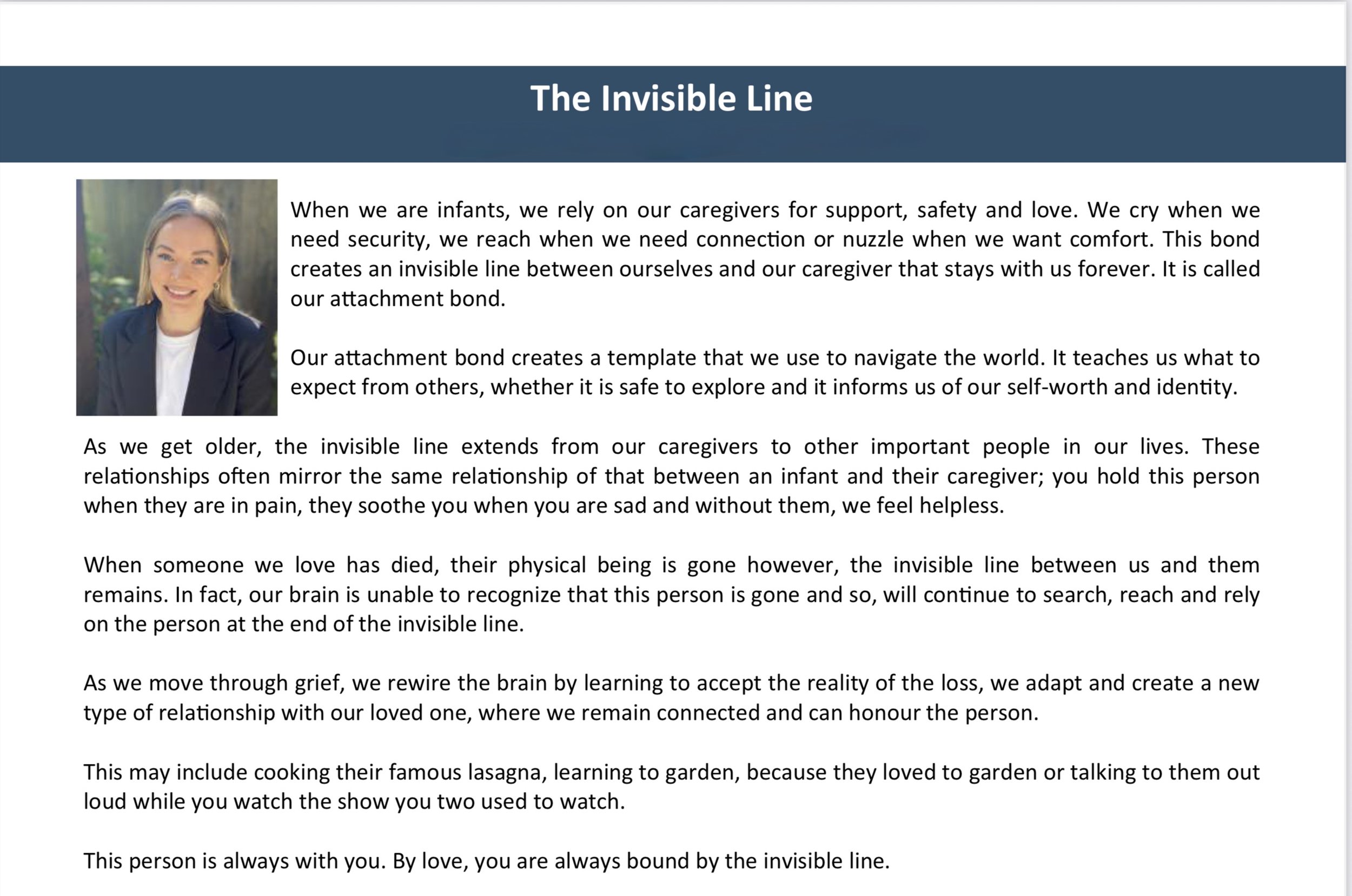 Article titled 'The Invisible Line' with a picture of a smiling woman in a business suit on the left. The article discusses the concept of an invisible bond or 'invisible line' connecting caregivers and loved ones, symbolizing emotional attachment and support through different stages of life.