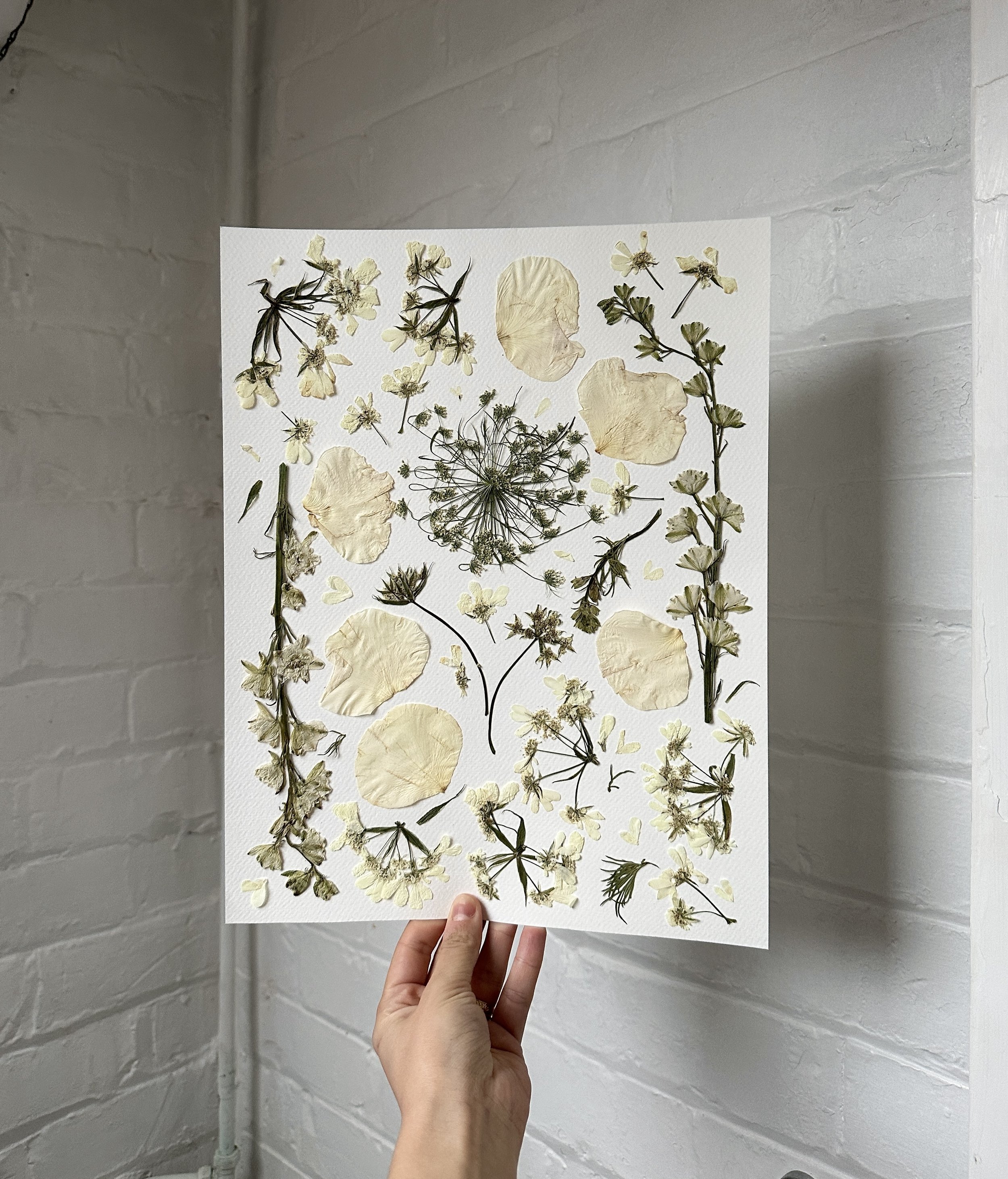 Pressed wedding bouquet with pressed dried white and green flowers and petals, arranged in a modern layout.