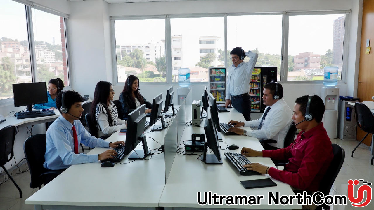 Grupo de personas trabajando en una oficina con computadoras en una mesa larga, mientras un hombre con auriculares se para frente a ellos, en un entorno con ventanas grandes y vista a edificios urbanos.