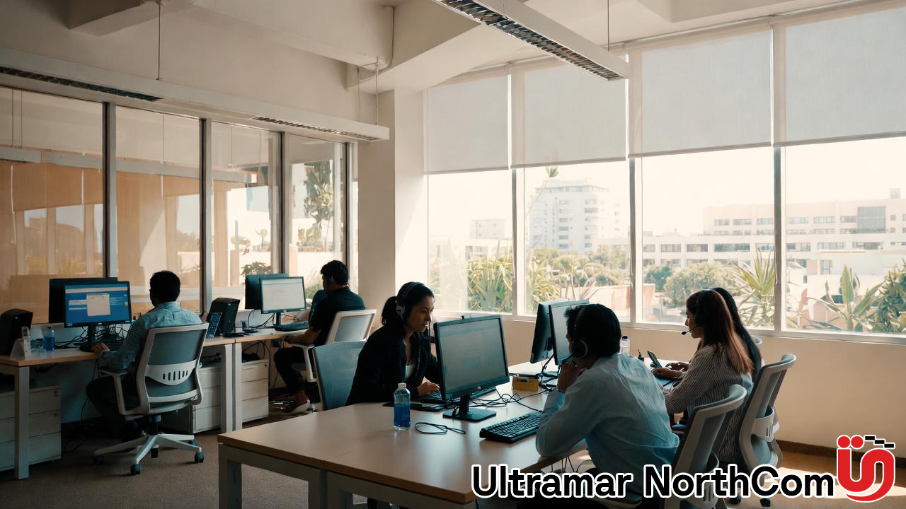 Sala de oficina con cinco personas trabajando en computadoras, luz natural entra por grandes ventanas, ambiente moderno y organizado.