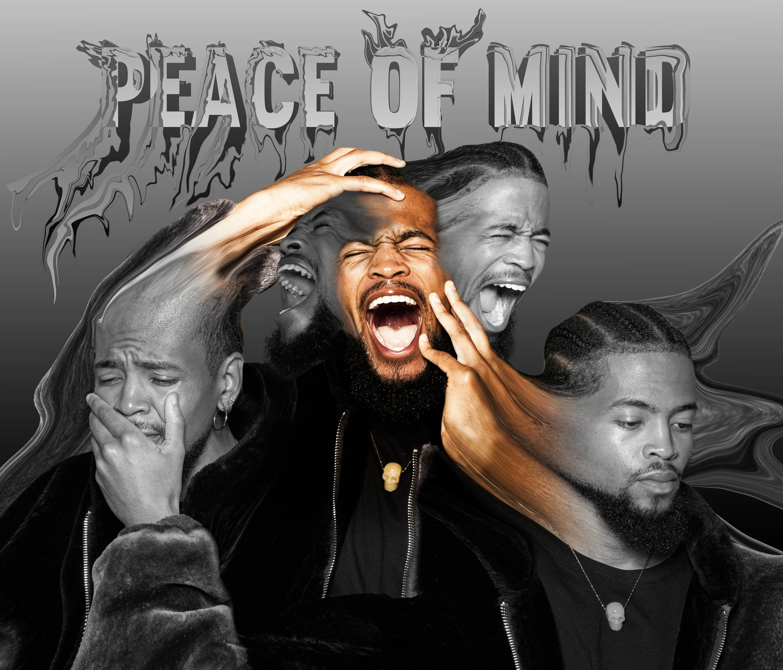 A digitally edited collage of four men expressing various emotions, with text 'Peace of Mind' above them. The background features a gradient from light to dark gray.