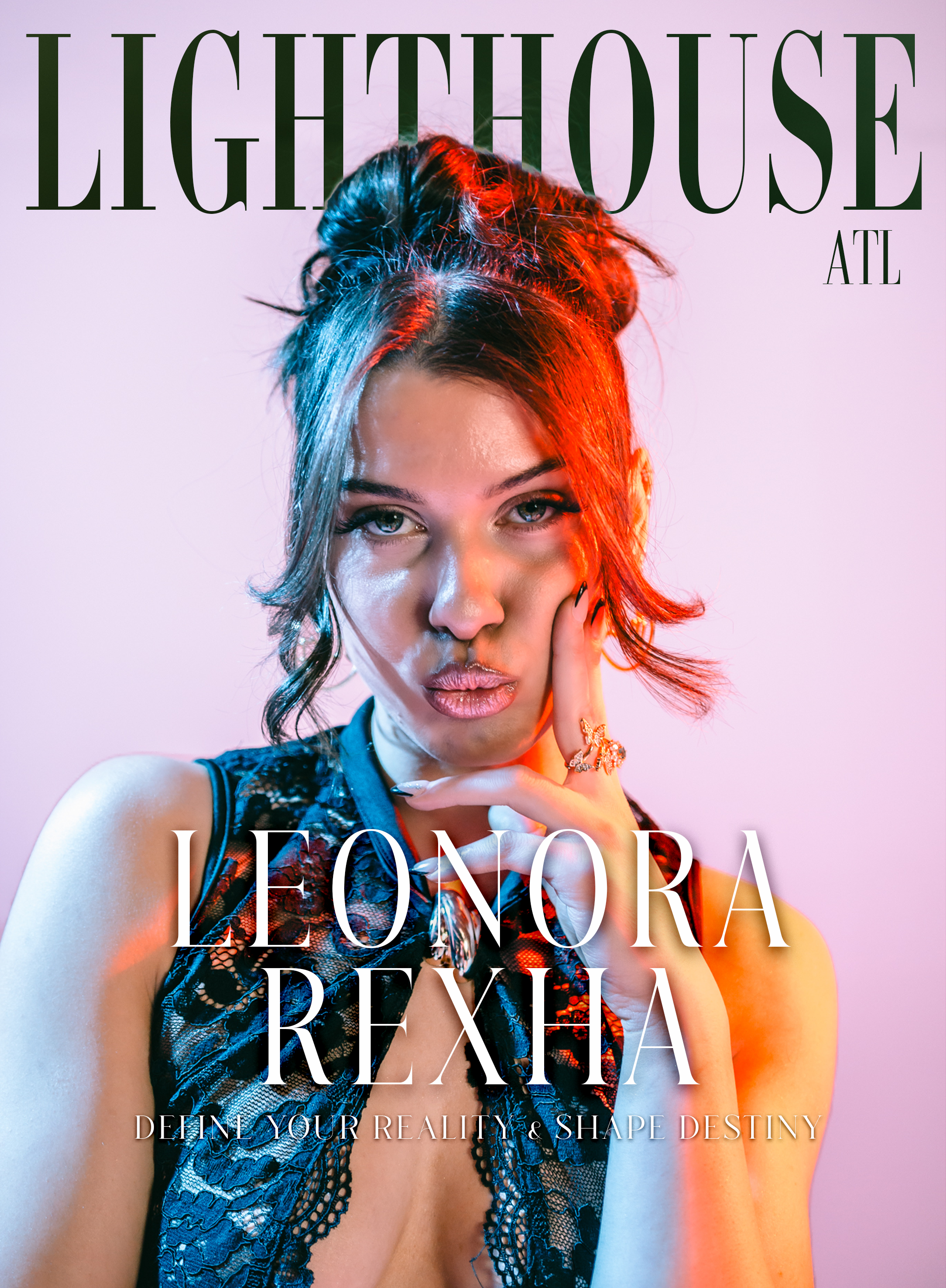 Cover of LIGHTHOUSE magazine featuring Leona Rexha, a woman with dark hair styled in a messy updo, wearing a black lace top, making a playful face with lips puckered, against a pink background with colorful lighting.