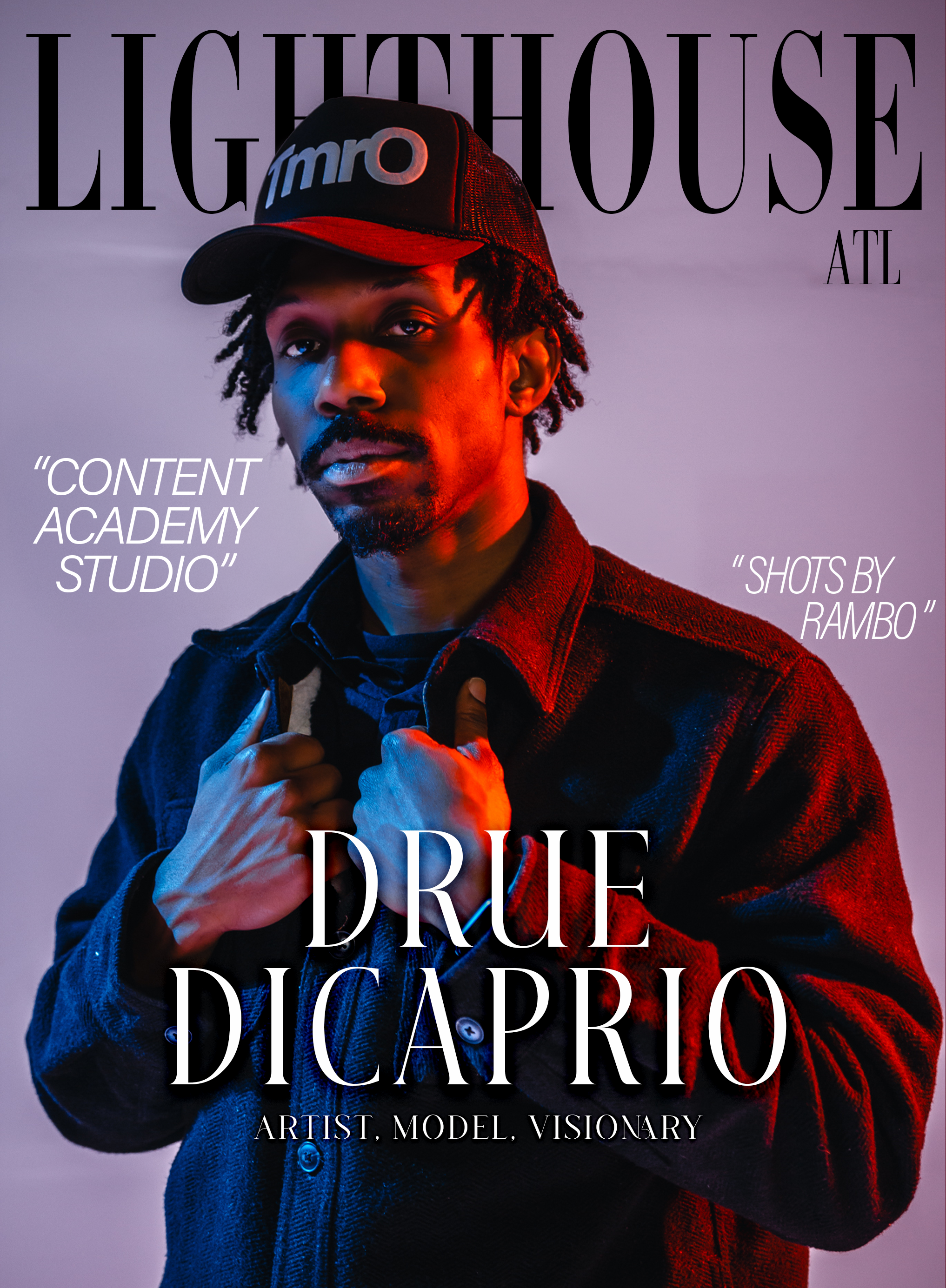 A promotional photo of Drue DiCaprio with text overlay. The person is a Black male artist, model, and visionary wearing a black jacket and a black and red cap, with colored lighting highlighting his face. The background is purple with large text reading 'LIGHTHOUSE ATL'. Additional text includes quotes and the artist's name and roles.