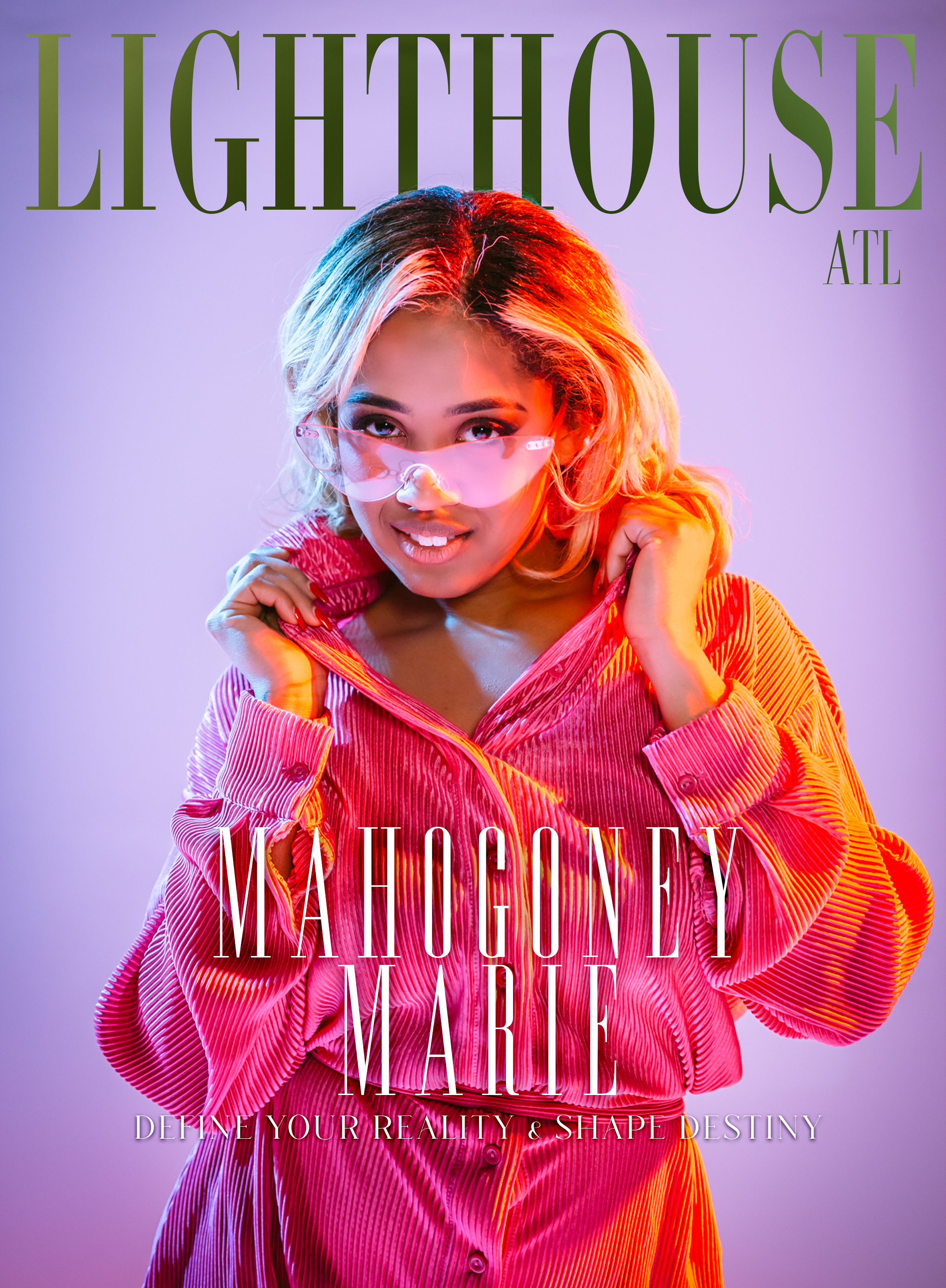 The cover features Mahogany Marie, a woman with blonde hair and sunglasses, wearing a pink striped shirt, with colorful lighting effects. Text reads 'Lighthouse ATL' at the top and 'Mahogany Marie' with the subtitle 'Define Your Reality & Shape Destiny' at the bottom.
