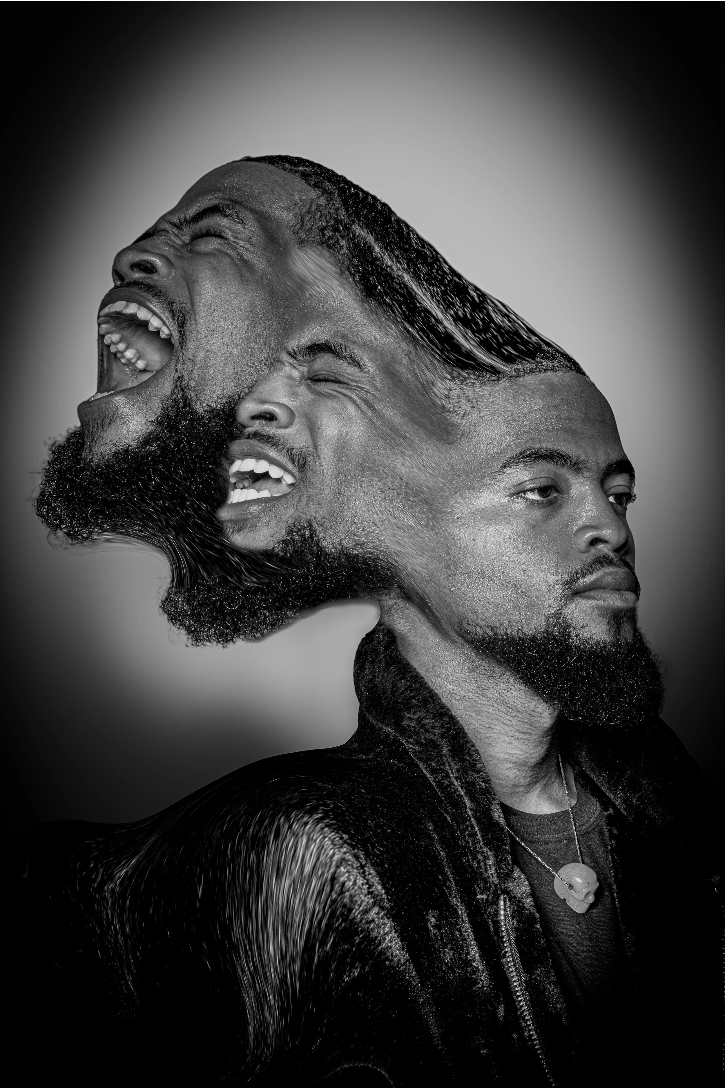 A black-and-white digital artwork featuring a portrait of a man with a beard, with the top half of his face transformed into multiple expressive faces, including one with a wide-open mouth and another with closed eyes, creating a surreal, collage-like effect.
