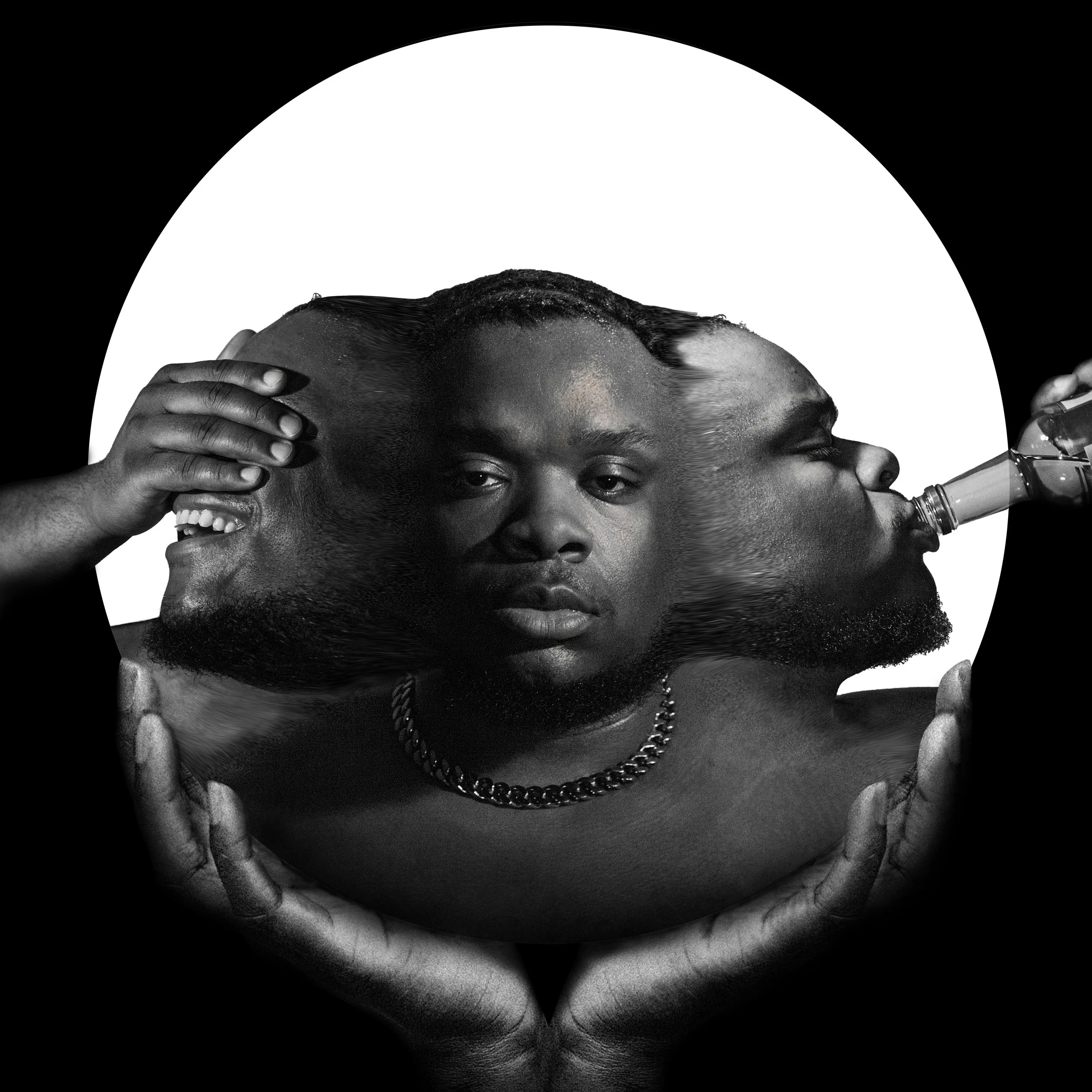 A black and white surreal image of a man with three overlapping faces, one smiling with hand on head, one neutral, and one drinking from a bottle, held by two hands.