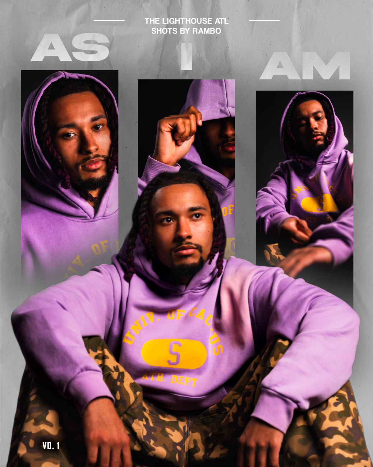 Collage of four portraits of a young man with dreadlocks, wearing a purple hoodie with yellow text and camouflage pants, against a gray background. The text reads 'AS I AM' and 'The Lighthouse ATL Shots by Rambo'.