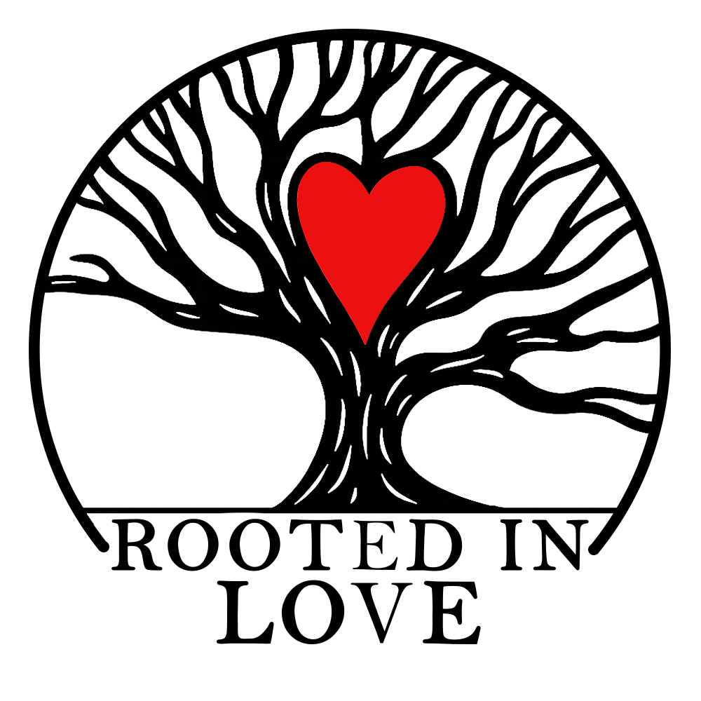 A circular logo featuring a black and white tree with a red heart at the center among the branches, and the text "Rooted in Love" at the bottom.