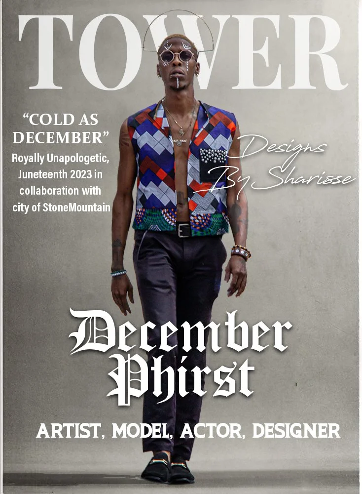 A man wearing sunglasses, a patterned vest, and dark pants standing against a plain wall. Text on the image promotes a fashion event called 'December Phirst' by Sharisse, in collaboration with Stone Mountain, featuring art, modeling, acting, and design.