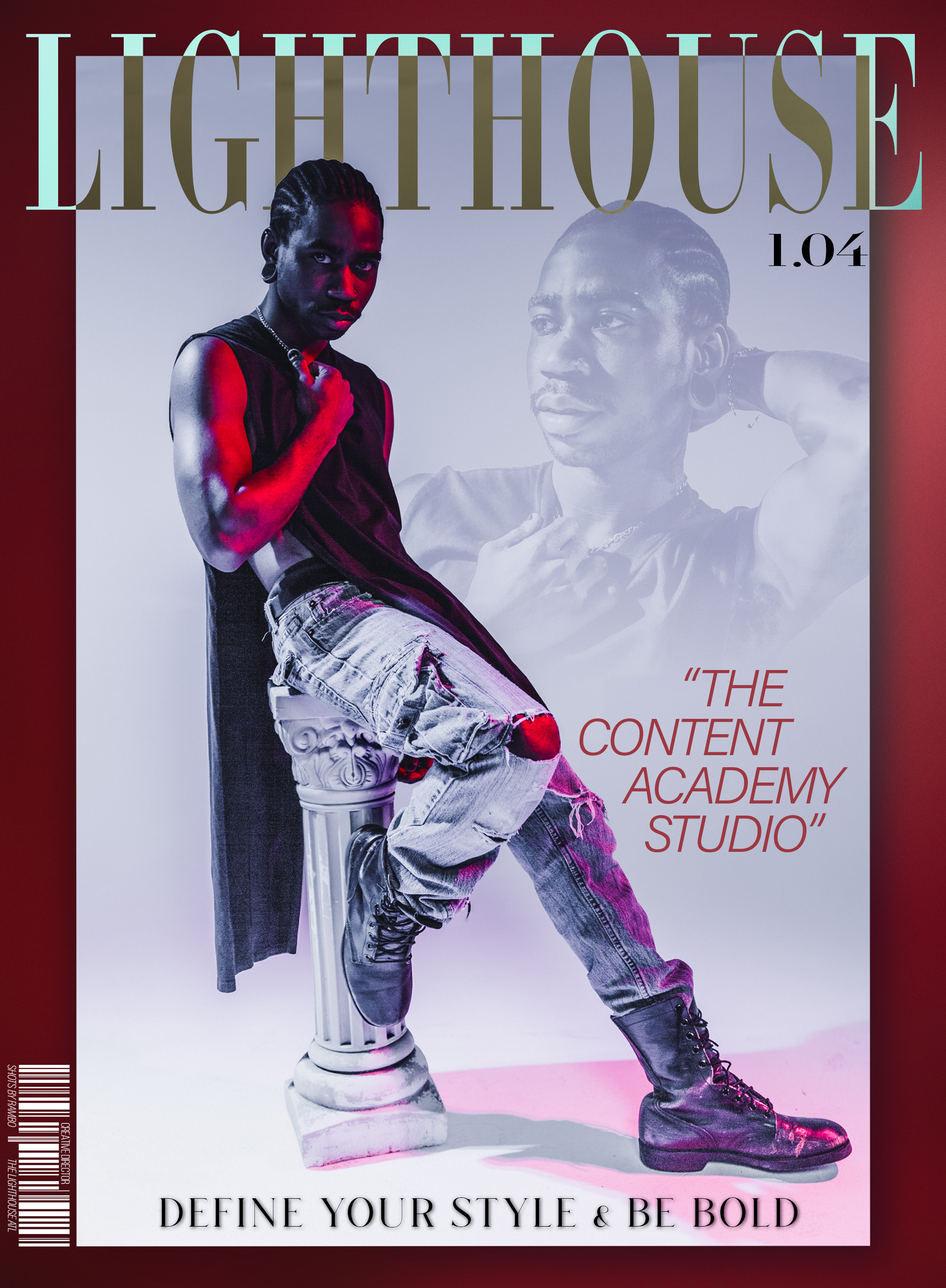 A magazine cover titled 'Lighthouse 104' featuring a person with dark skin, dreadlocks, and casual clothing, sitting on a classical column. The background includes a faded image of the same person, and the cover has text about content and style.