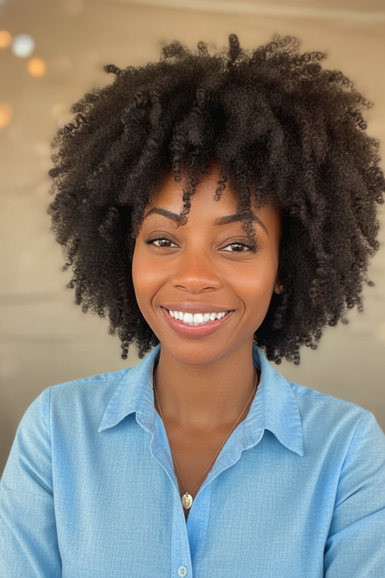 A woman with a bright smile and natural curly hair, wearing a light blue button-up shirt and a necklace, posing for a photo indoors.