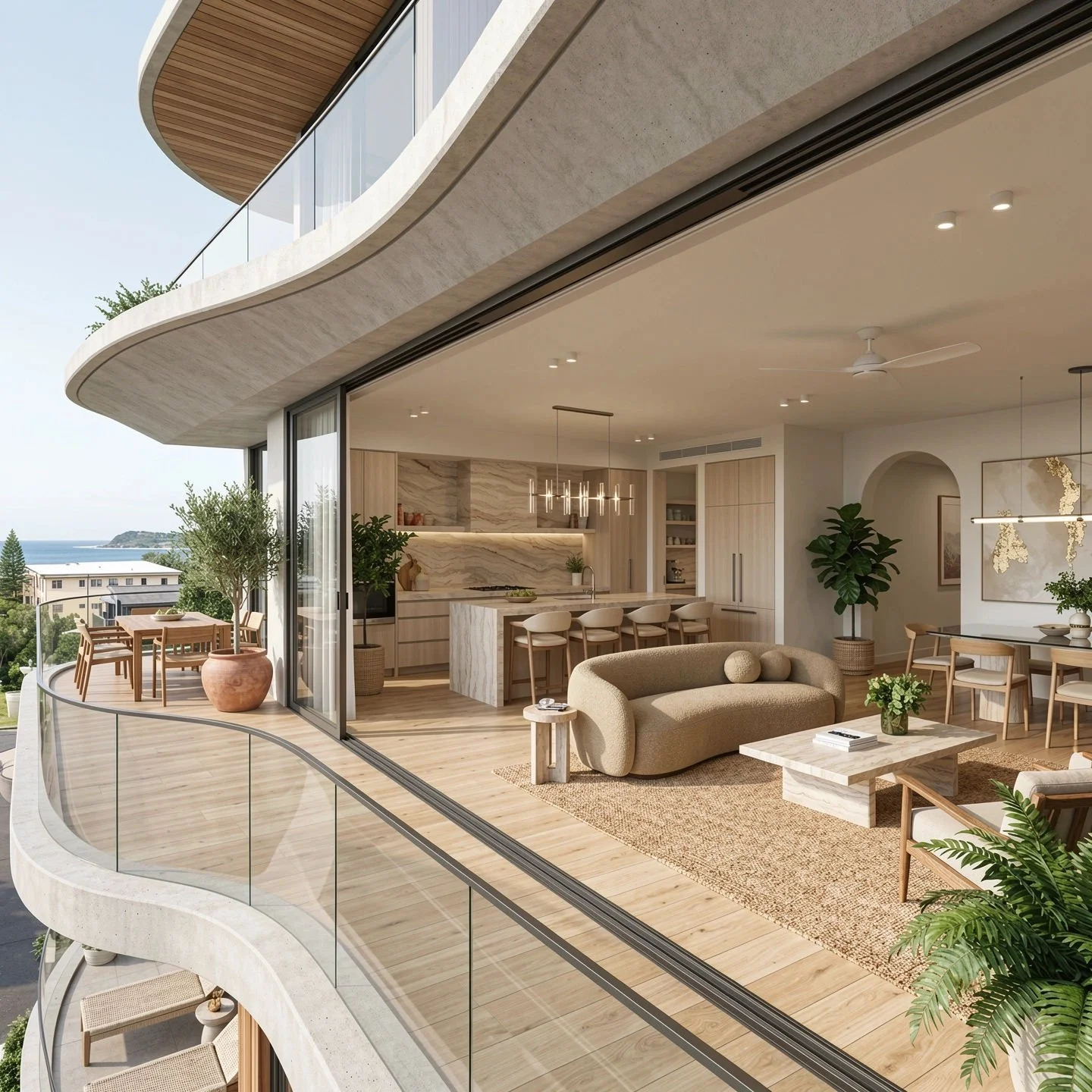 Modern apartment with open-concept living room and kitchen, large glass sliding doors opening to a balcony with outdoor dining, ocean view in the background, contemporary furniture, wood accents, and indoor plants.