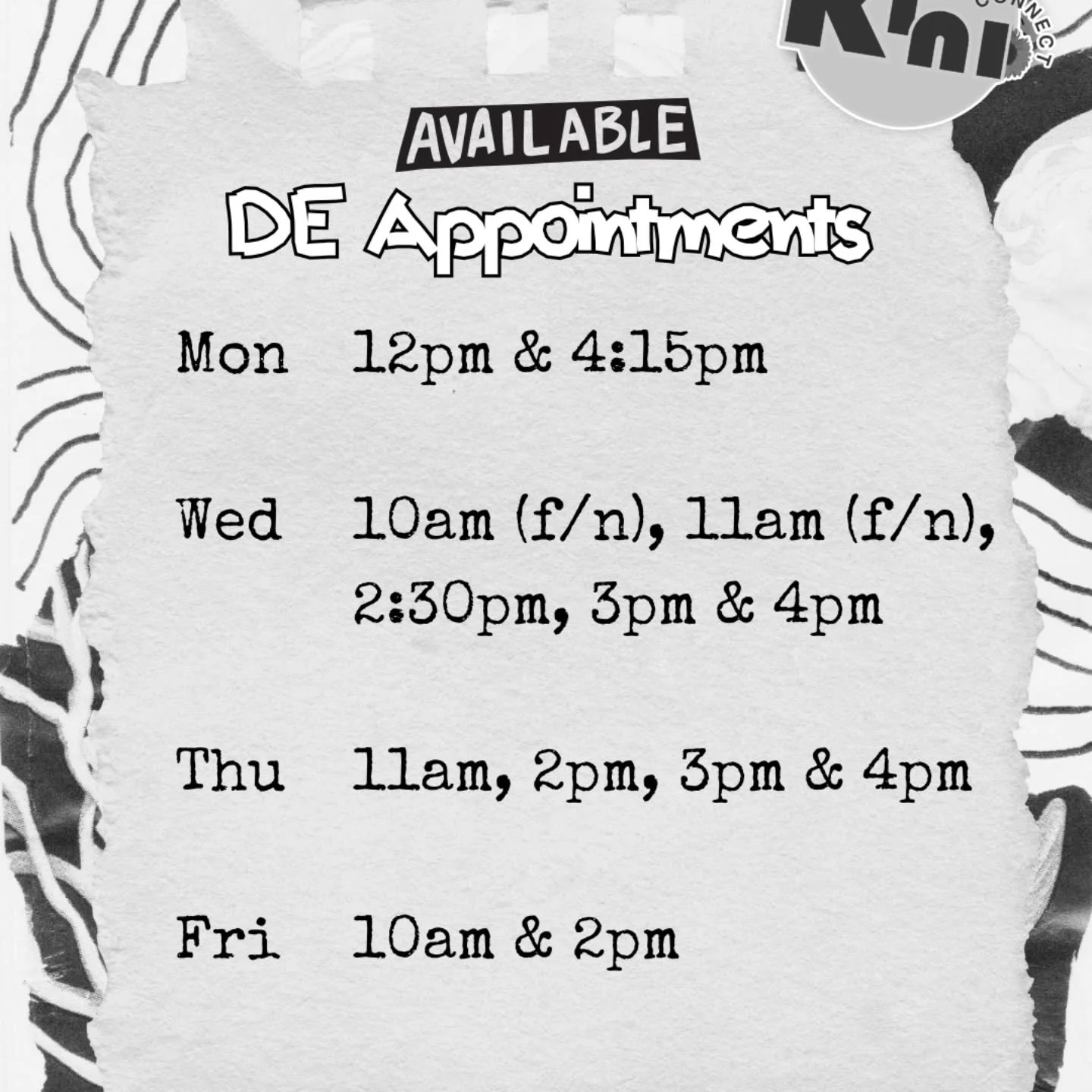 Hi people, I have some new availability: 
Mon: 12pm &amp; 4:15pm
Wed: 10am (f/n), 11am (f/n), 2:30pm, 3pm &amp; 4pm
Thu: 11am, 2pm, 3pm &amp; 4pm
Fri: 10am &amp; 2pm

I&rsquo;m Kendra (she/they)

I&rsquo;m an Autistic ADHDer and Developmental Educato