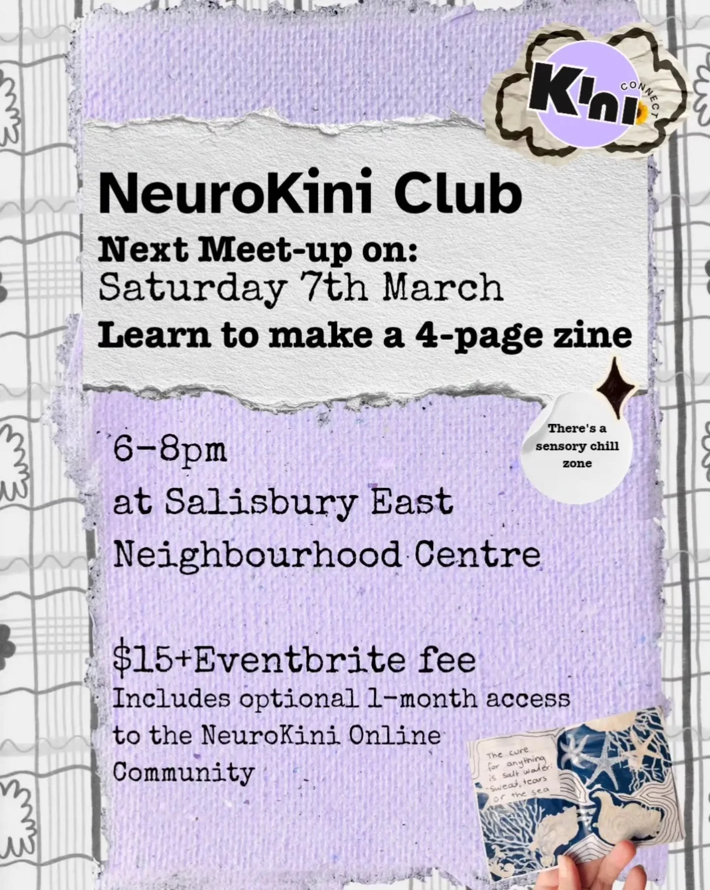 The March NeuroKini Club meet-up is coming up next Saturday, 7th March!

I'm going to be bringing along my zine making supplies and showing you how to make your own 4-page mini zine 
(if you want to just come for the vibes and not the craft, that's o
