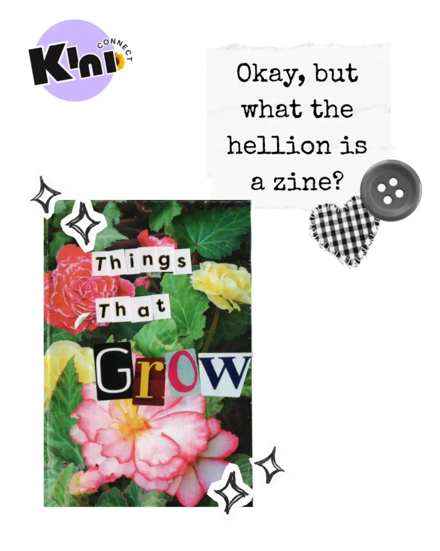 Okay, but what the hellion is a zine?
A zine (pronounced &lsquo;zeen&rsquo;, short for magazine) is a free-form, self-published book. Usually small and often handmade, they are a creative form of self-expression, information sharing and advocacy.

  