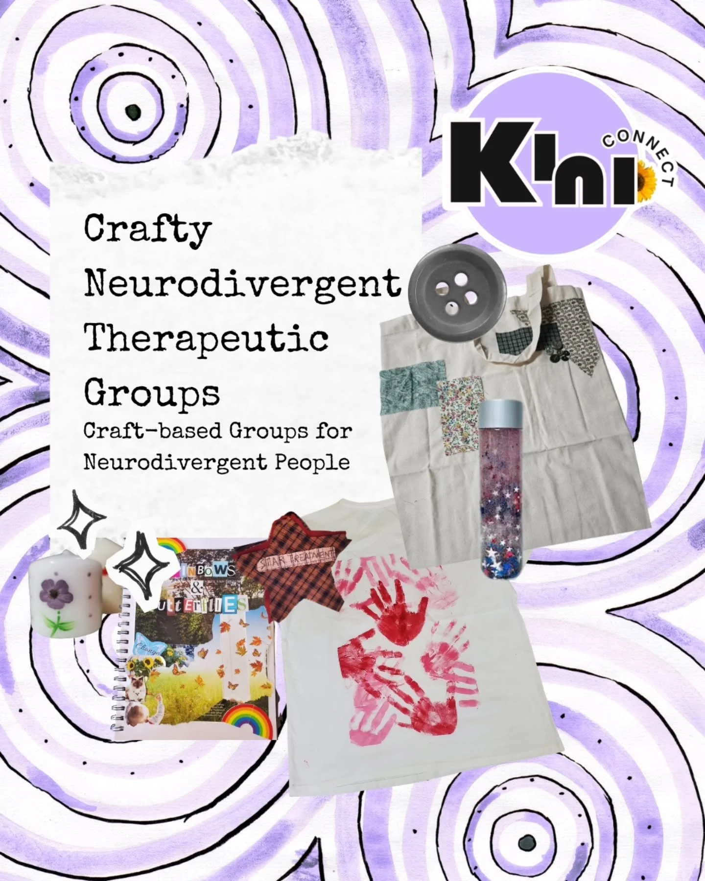 Our Crafty Neurodivergent Peer Groups are designed and led by a neurodivergent Developmental Educator, offering low-demand exploration of various crafts. 

This group builds community through shared interests and builds self-understanding and self-co